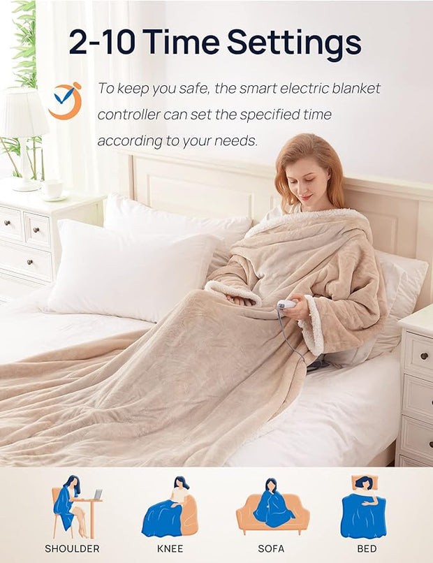 Electric Snuggle Throw Blankets with Foot Pocket, Wearable Heated Throw with Sleeves