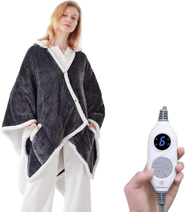 Electric Snuggle Throw Blankets with Foot Pocket, Wearable Heated Throw with Sleeves